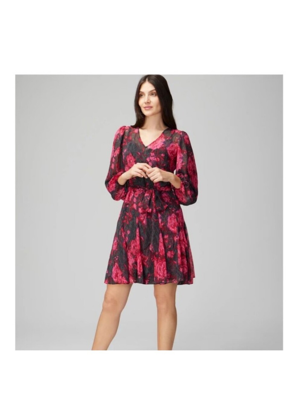 White House Black Market Red Floral V-Neck Puff Sleeve Mini Dress NWT. Size 6